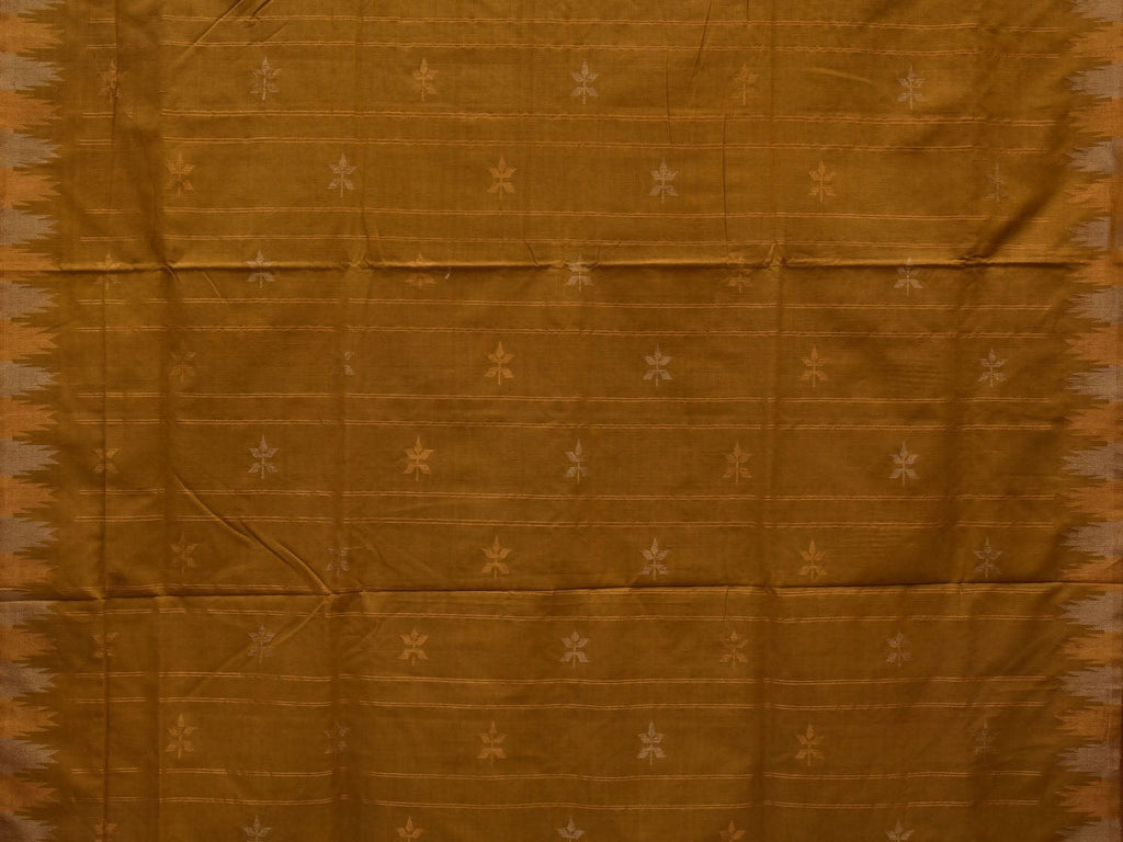 Olive Khadi Cotton Handloom Saree with Temple Border Design - Global Threads