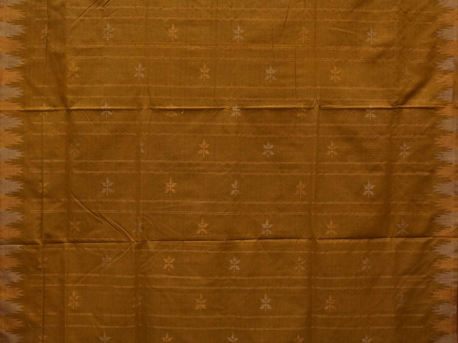 Olive Khadi Cotton Handloom Saree with Temple Border Design - Global Threads