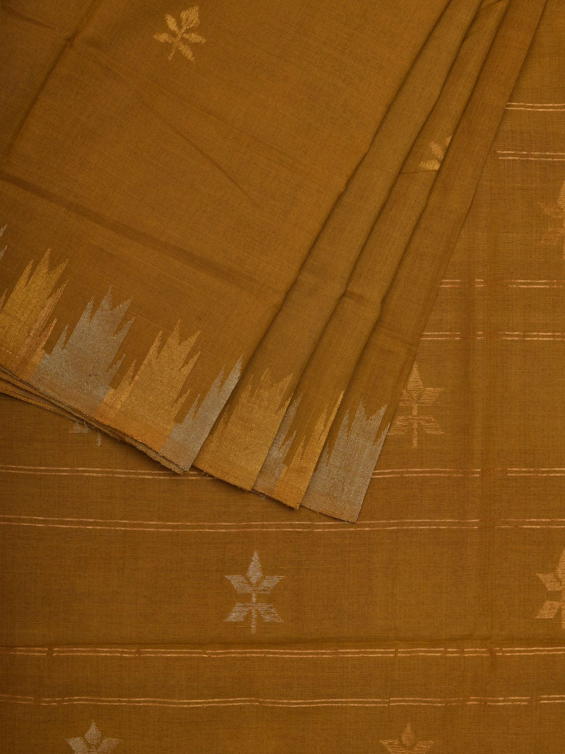 Olive Khadi Cotton Handloom Saree with Temple Border Design - Global Threads
