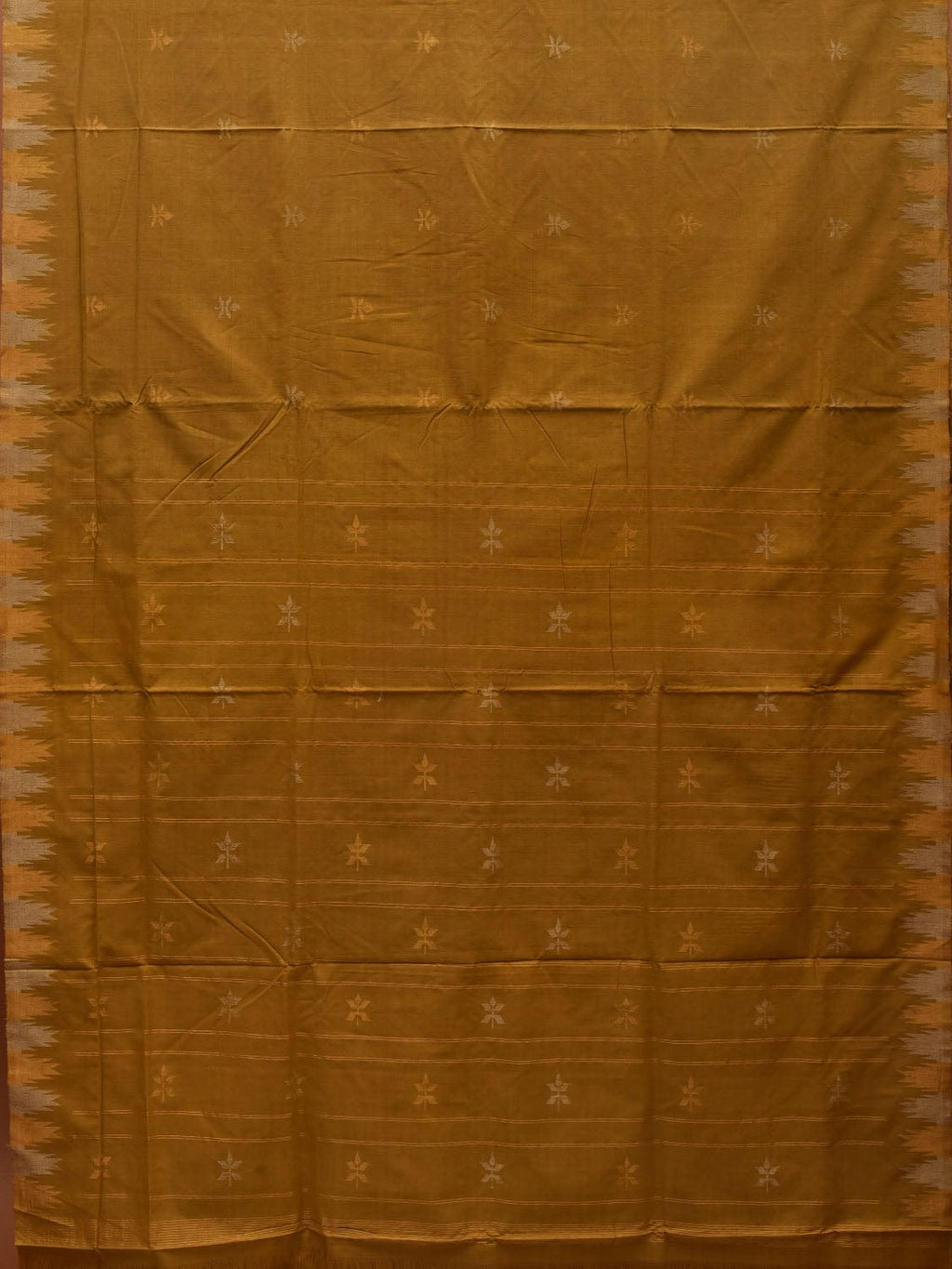 Olive Khadi Cotton Handloom Saree with Temple Border Design - Global Threads
