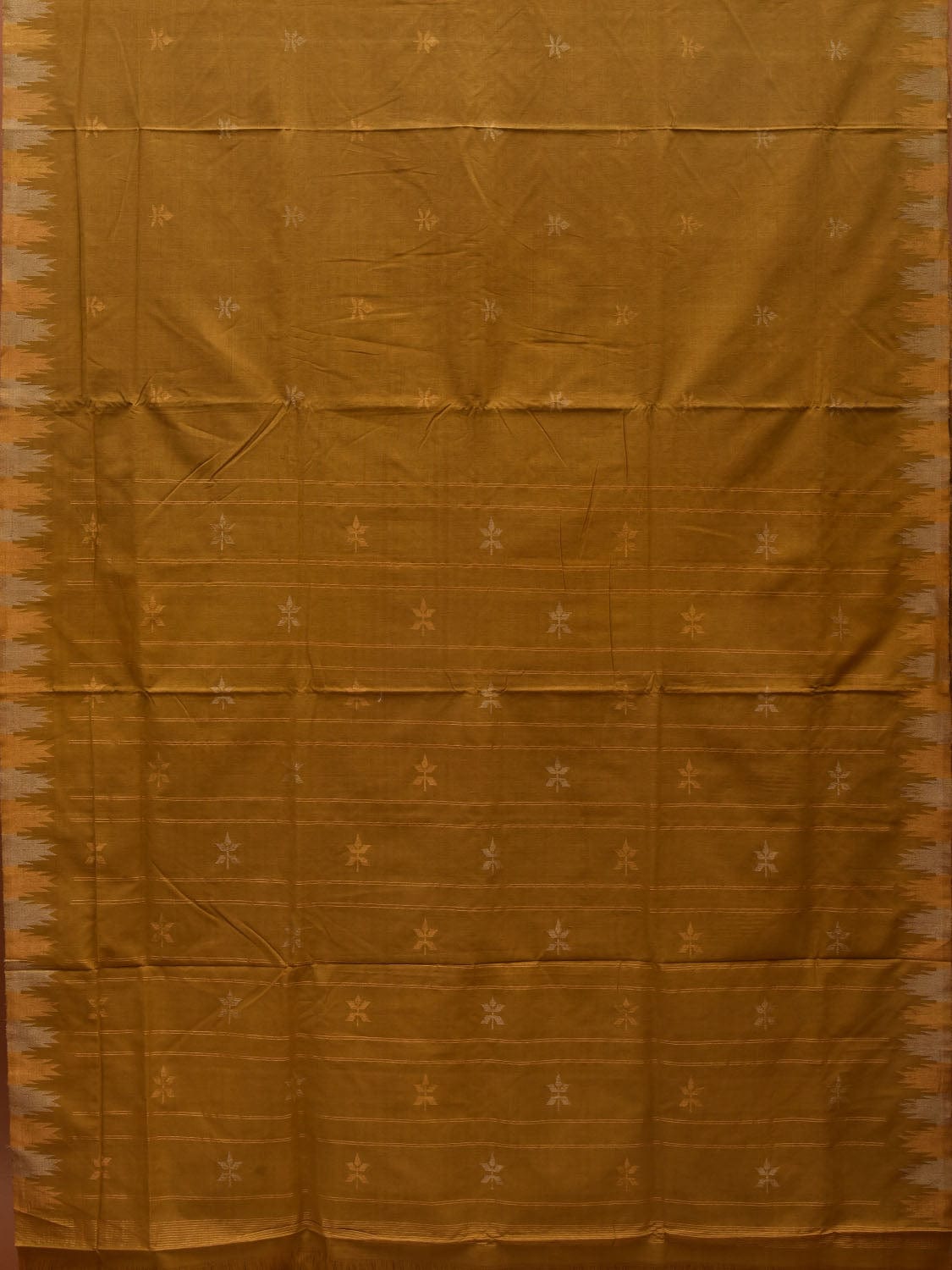 Olive Khadi Cotton Handloom Saree with Temple Border Design - Global Threads