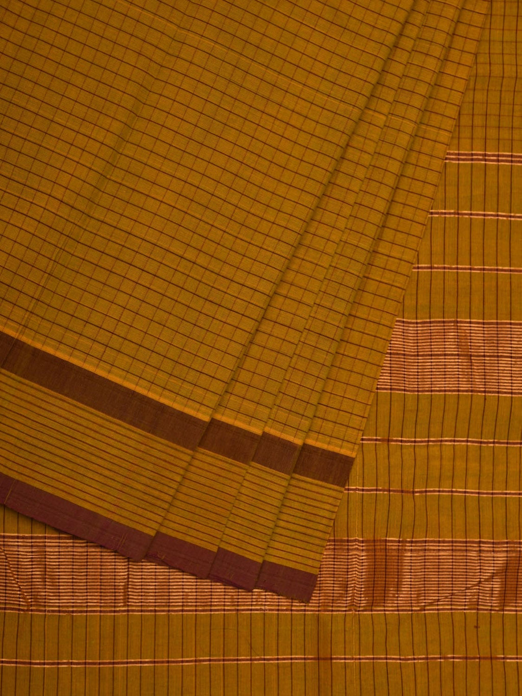 Olive Narayanpet Cotton Handloom Saree with Checks Design - Global Threads