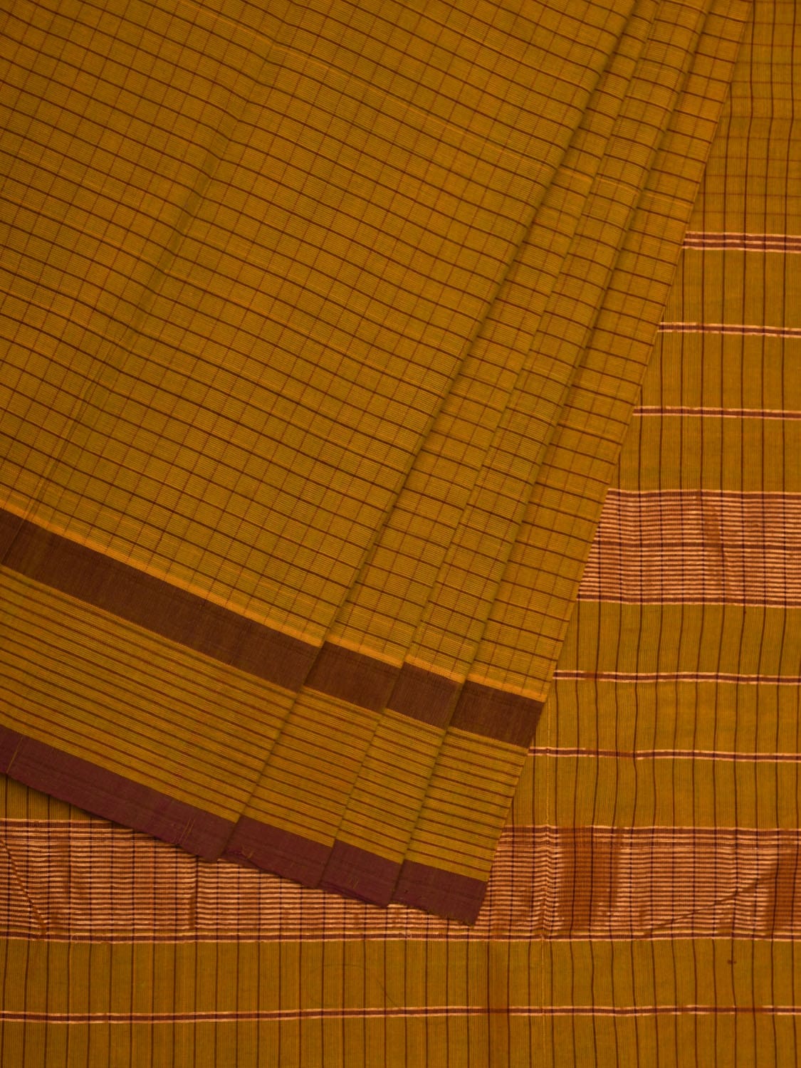 Olive Narayanpet Cotton Handloom Saree with Checks Design - Global Threads