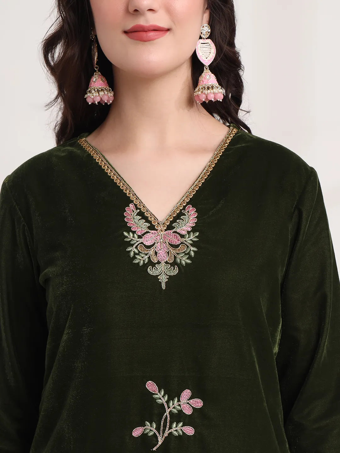 Yufta Olive Straight Embroidery Kurta And Trouser With Dupatta Set