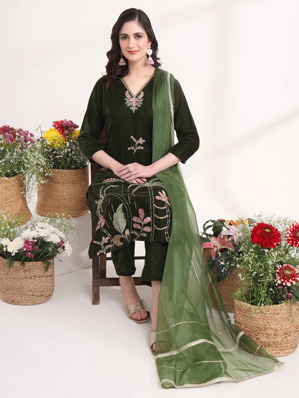 Yufta Olive Straight Embroidery Kurta And Trouser With Dupatta Set