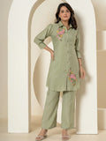 Yufta Olive Thread_Work Shirt And Trouser Polyester Co-Ord Set