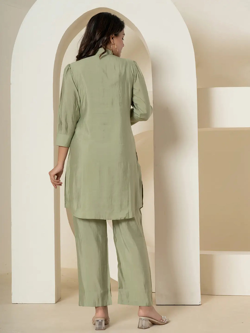 Yufta Olive Thread_Work Shirt And Trouser Polyester Co-Ord Set