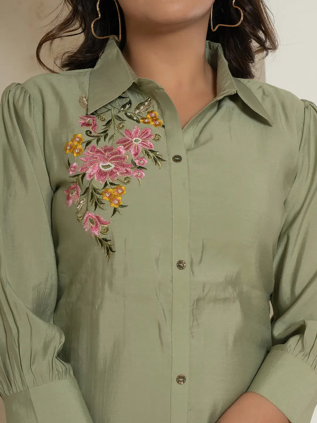 Yufta Olive Thread_Work Shirt And Trouser Polyester Co-Ord Set