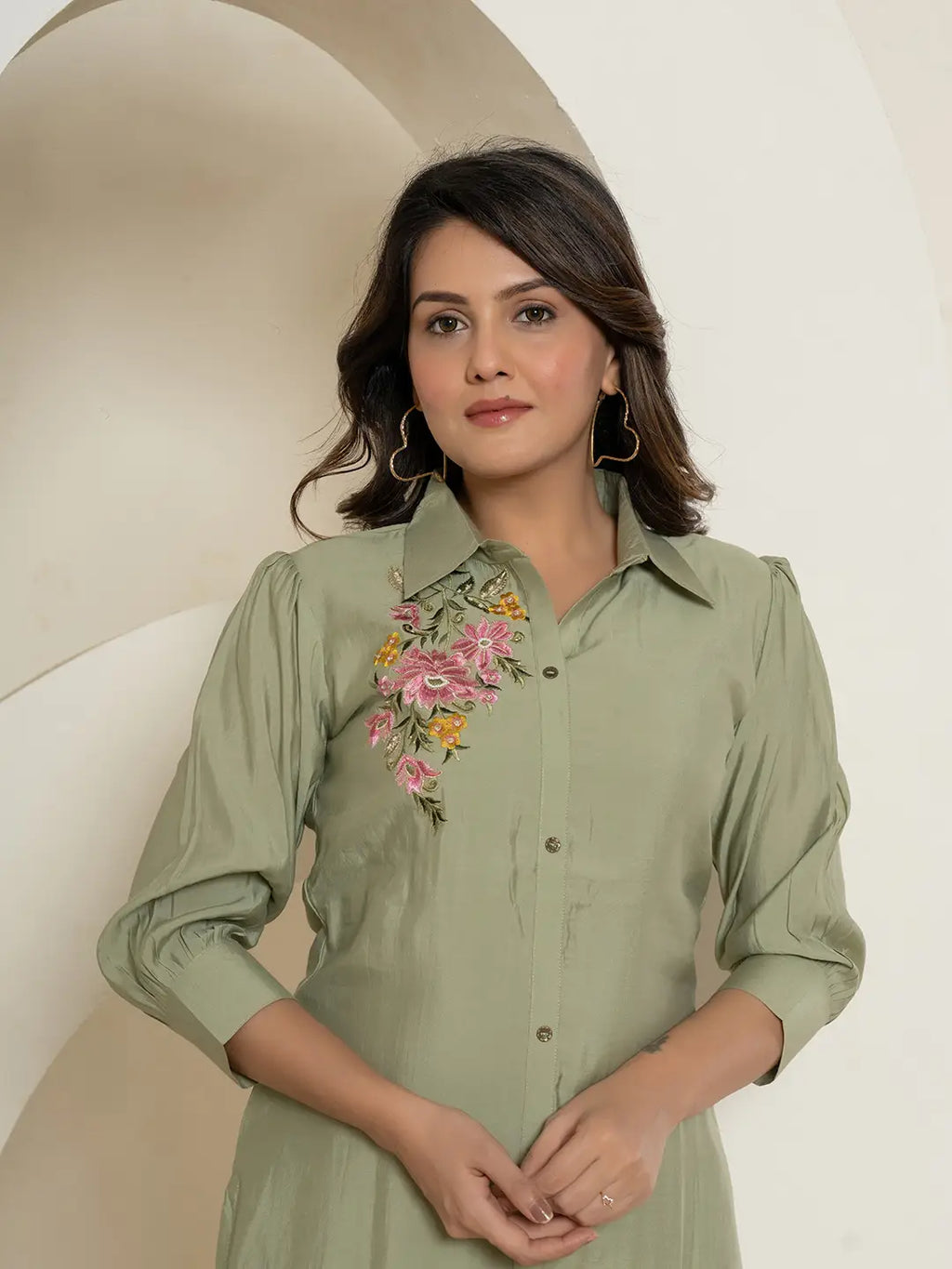Yufta Olive Thread_Work Shirt And Trouser Polyester Co-Ord Set