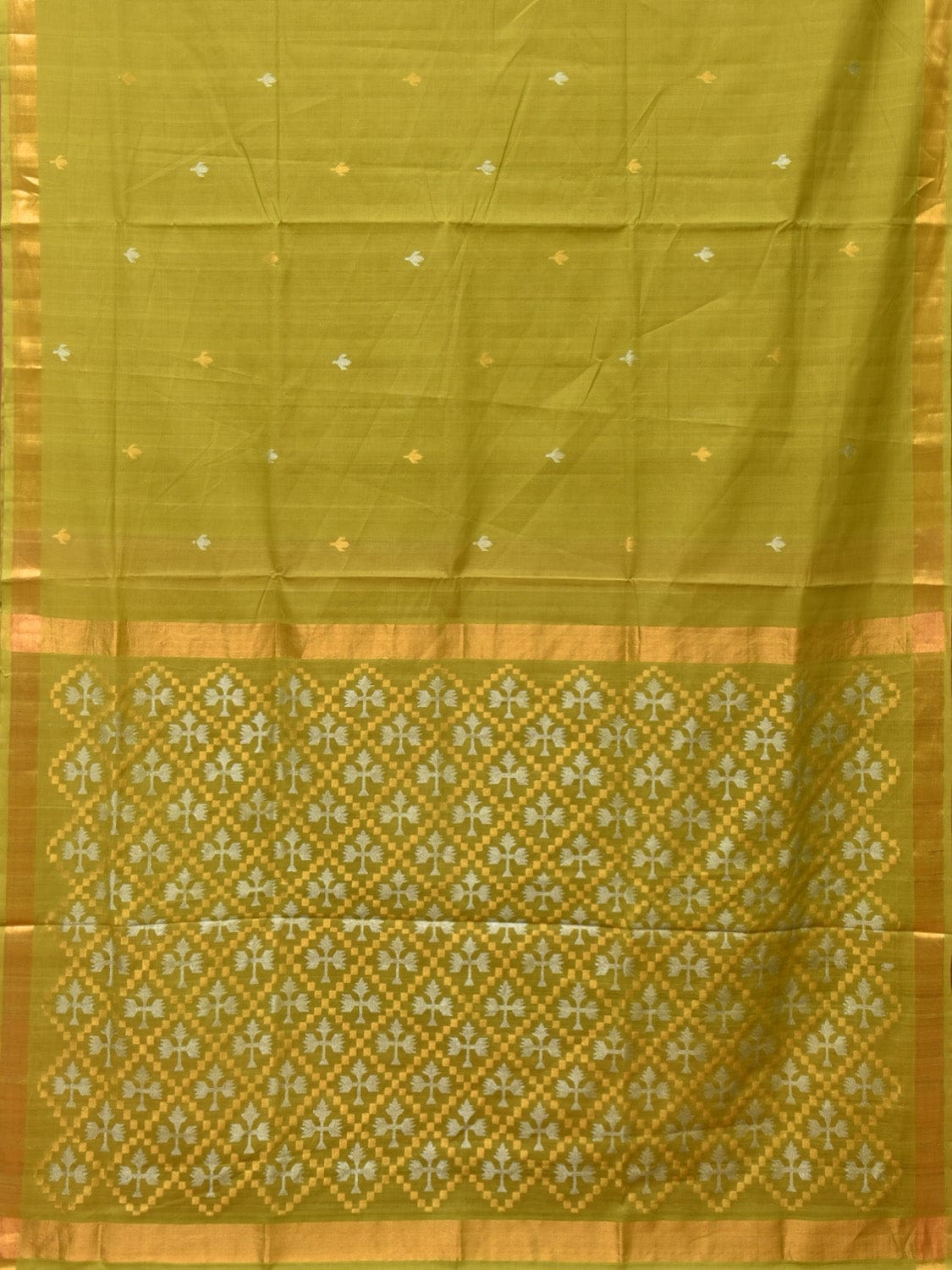 Olive Uppada Cotton Handloom Saree with Jamdani Pallu Design - Global Threads