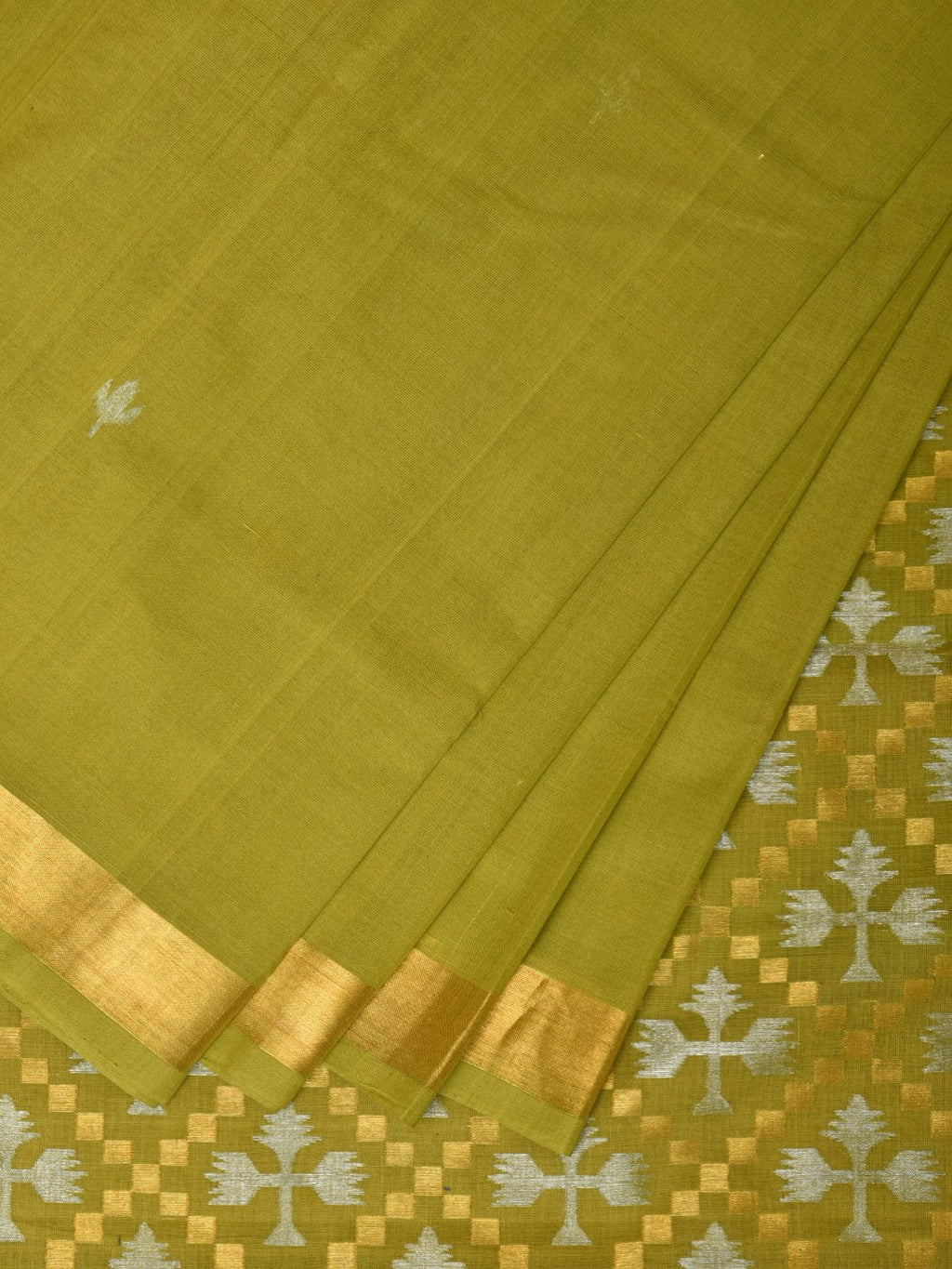 Olive Uppada Cotton Handloom Saree with Jamdani Pallu Design - Global Threads