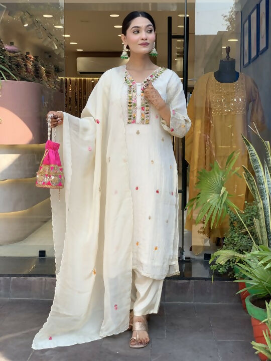 The52 Off White Women's Gorgeous Chinon Fabric Embroidered Work Straight Kurta Pant and Dupatta Set