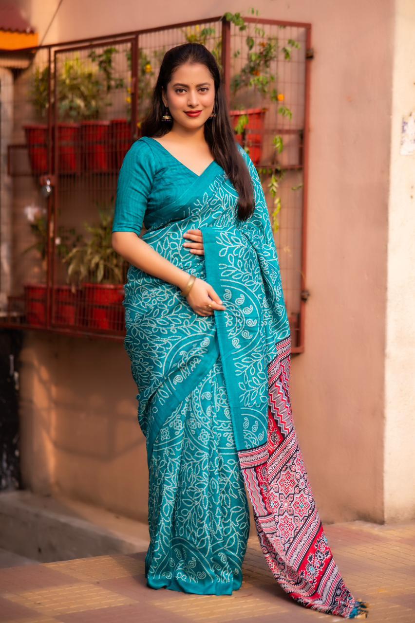 Rama Silk Blend Ajrak Saree with Unstitched Blouse - A2M