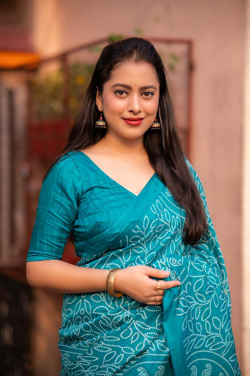 Rama Silk Blend Ajrak Saree with Unstitched Blouse - Hiral Fashion