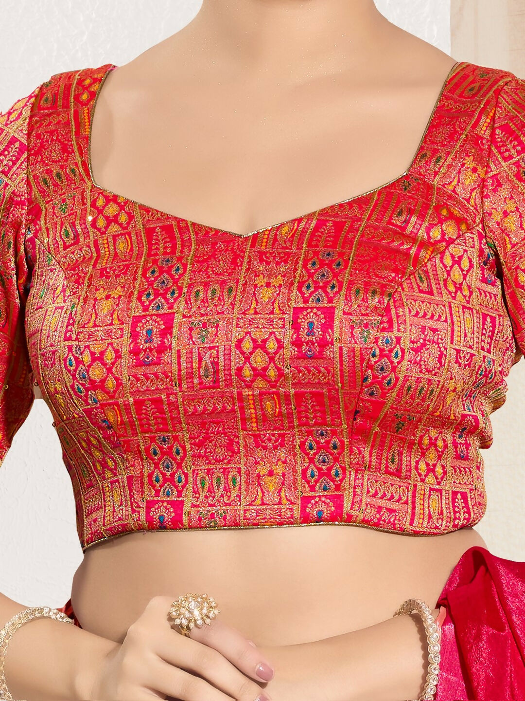 Joban Fashion Red Brocade Padded Blouse With Round Neck Elbow Sleeves