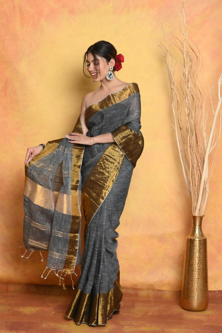 Very Much Indian Handloom Pure Cotton Linen Saree With Golden Border - Grey Gold