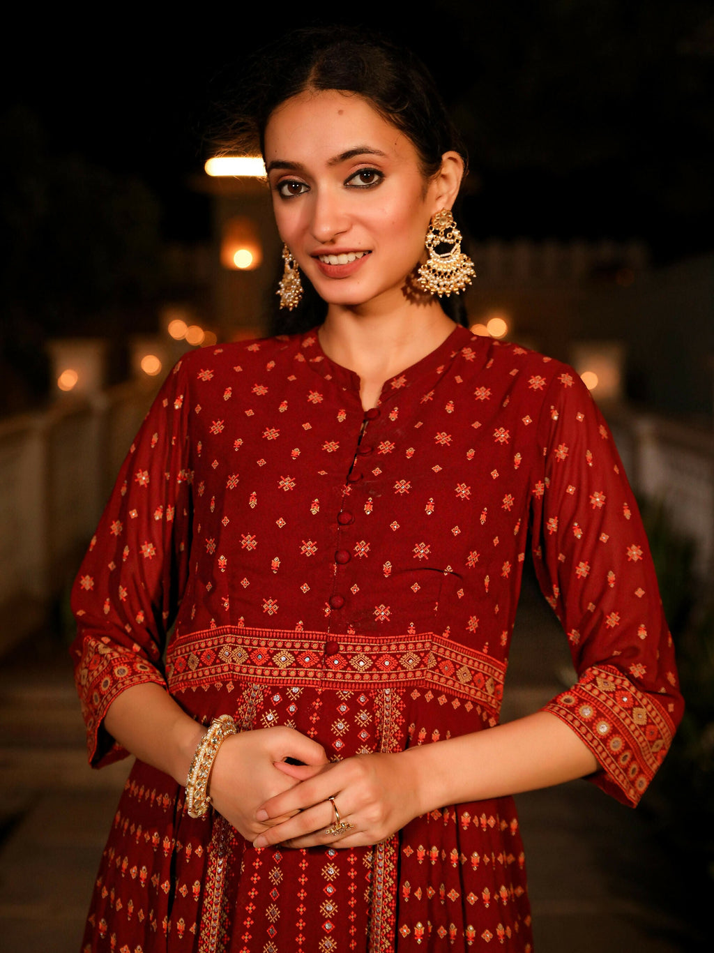 Juniper Women's The Mahautsawam Maroon Ethnic Motif Printed Georgette Dress With Thread & Mirror Work