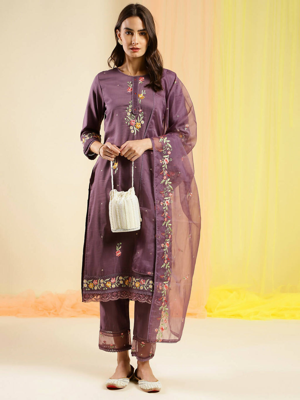 Wine Chinon Embroidered Straight Kurta with Trouser & Dupatta - Salimar