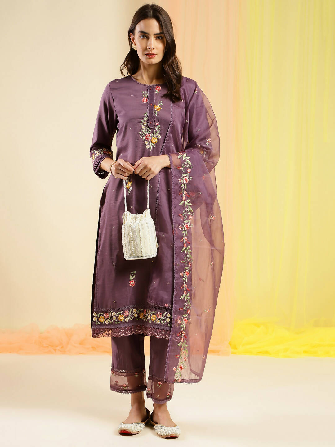 Wine Chinon Embroidered Straight Kurta with Trouser & Dupatta - Salimar