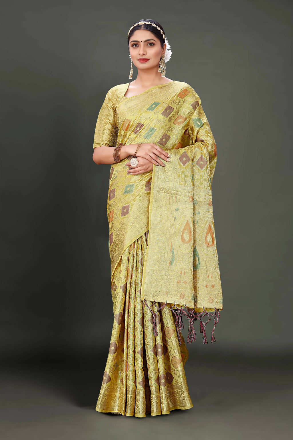 Olive Soft Organza Woven Design Saree With Unstitched Blouse Piece - Zaara