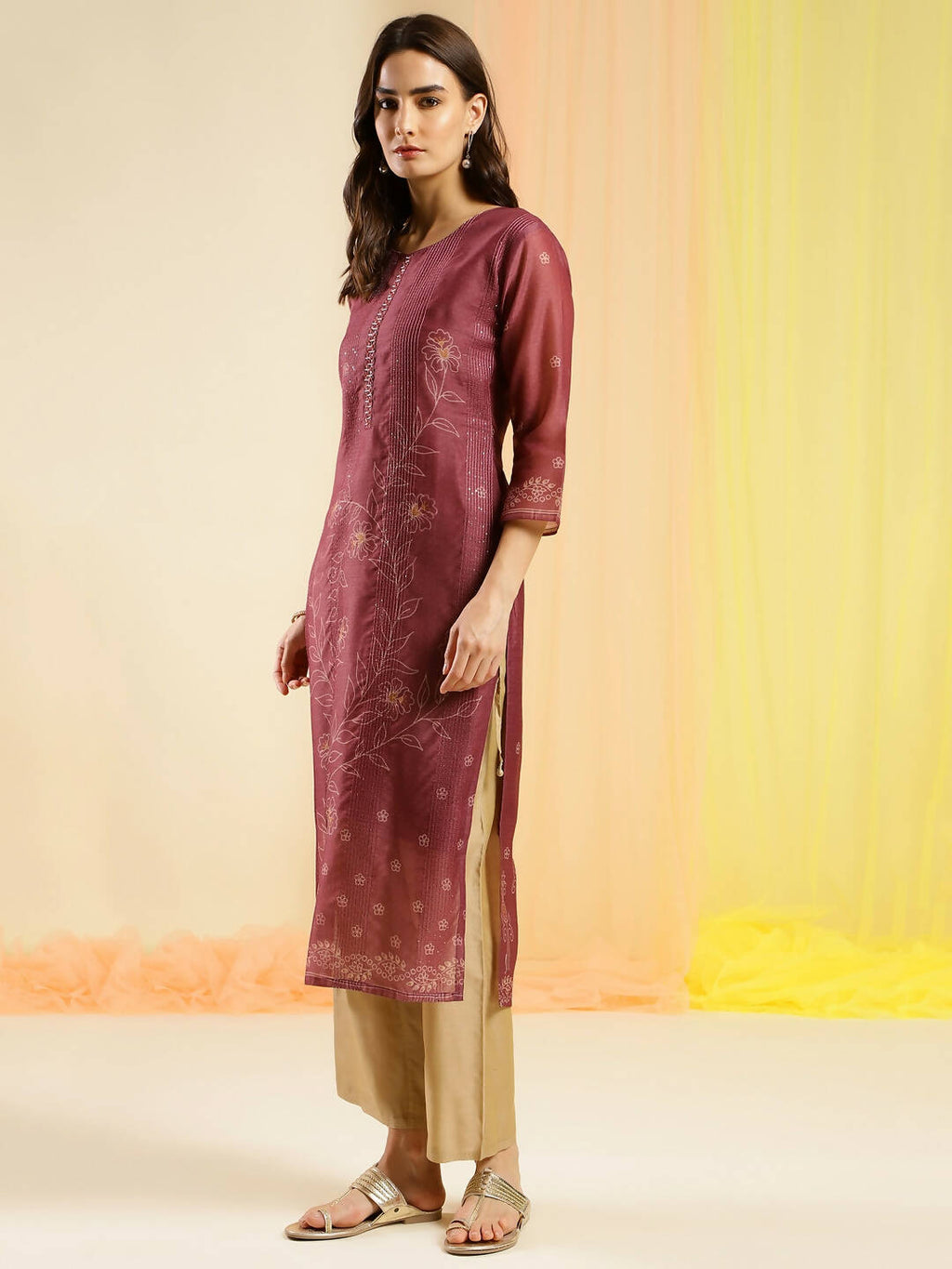 Maroon Chinon Digital Printed With Hand Work Kurta - Himanshi