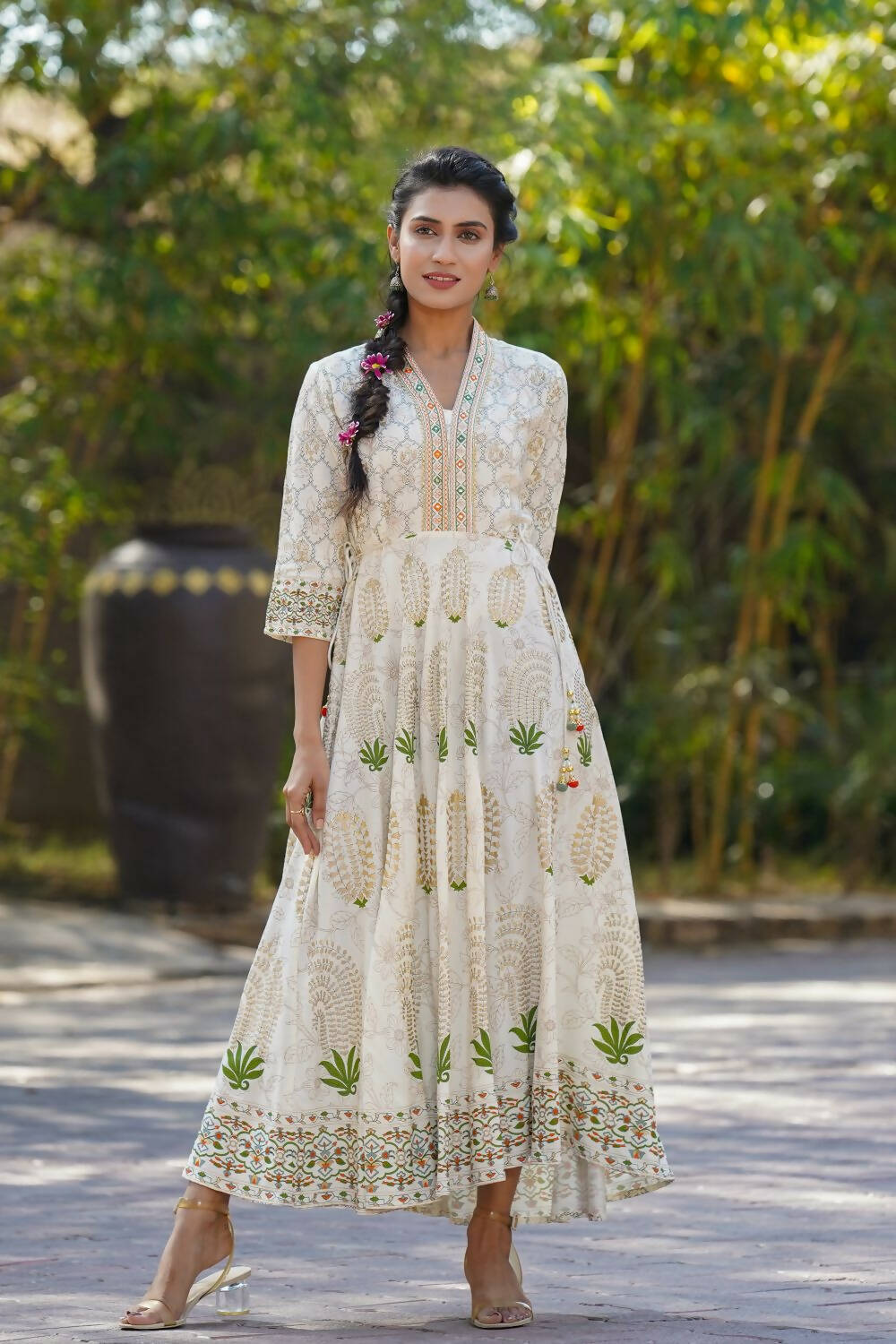 Juniper Womens Ivory Rayon Foil Printed Circular Maxi Dress With Mirror Embroidery
