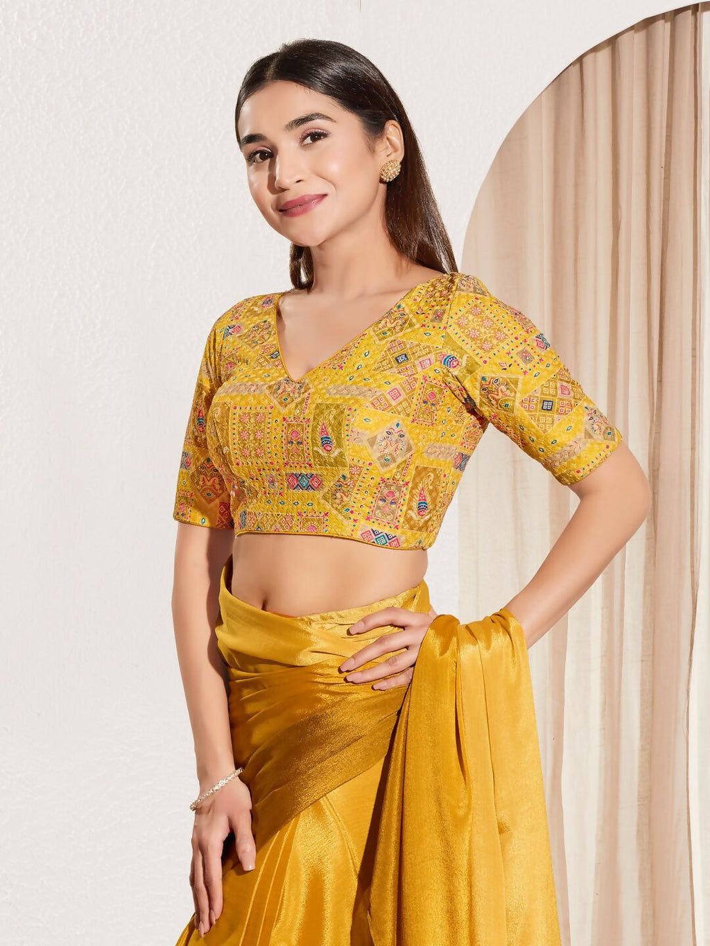 Joban Fashion Yellow Viscose Rayon Padded Blouse With V Neck Elbow Sleeves