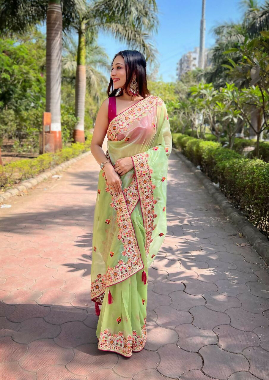 Vastranavya Twill Net Designer Embroidery & Colour Thread & Diamond work Saree with Blouse Material - Mint Green