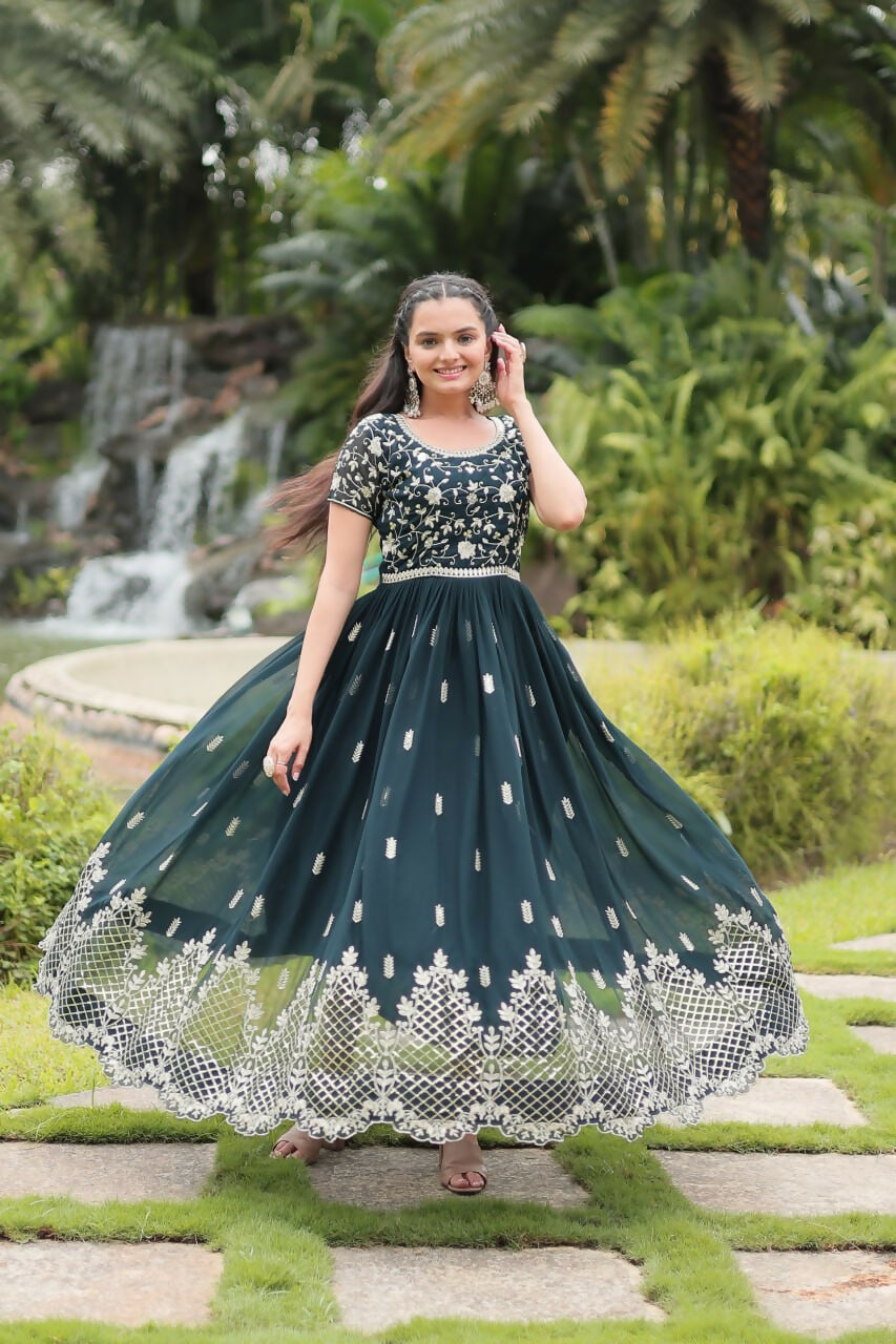 Vastranavya Premium Designer Faux Blooming with Embroidery Zari Sequins work Gown - Teal