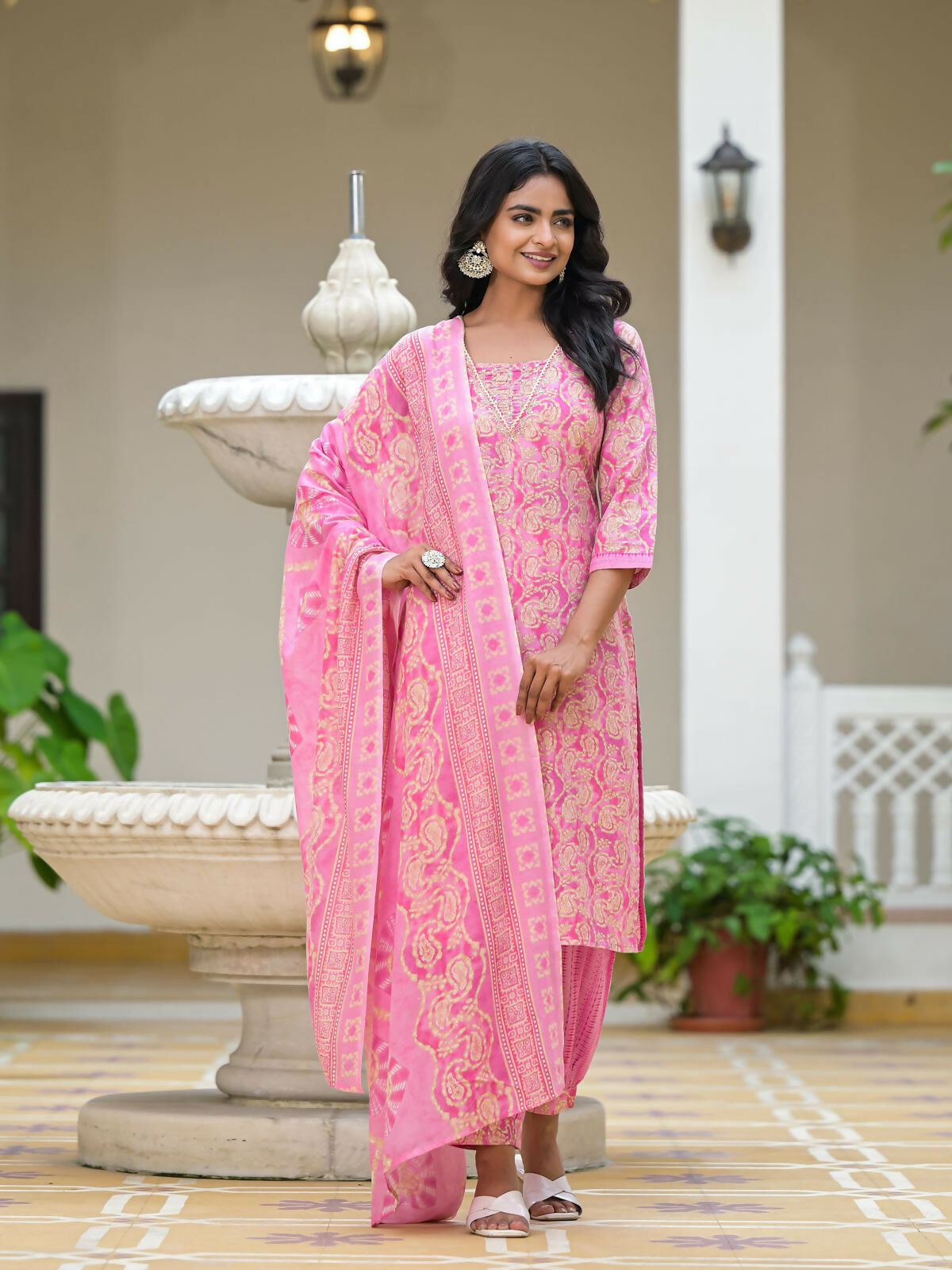 Juniper Women's Pink Ethnic Motif Printed Cotton Kurta Pant With Dupatta Set With Sequins & Lace