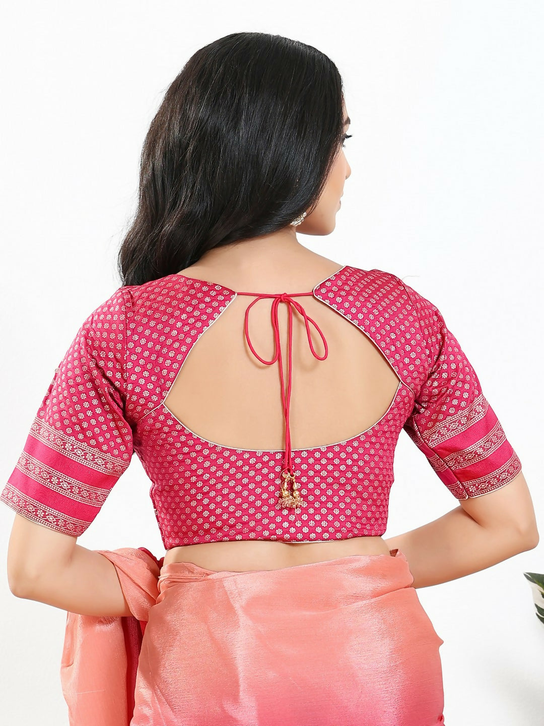 Joban Fashion South Pink Brocade Padded Blouse With Round Neck Elbow Sleeves