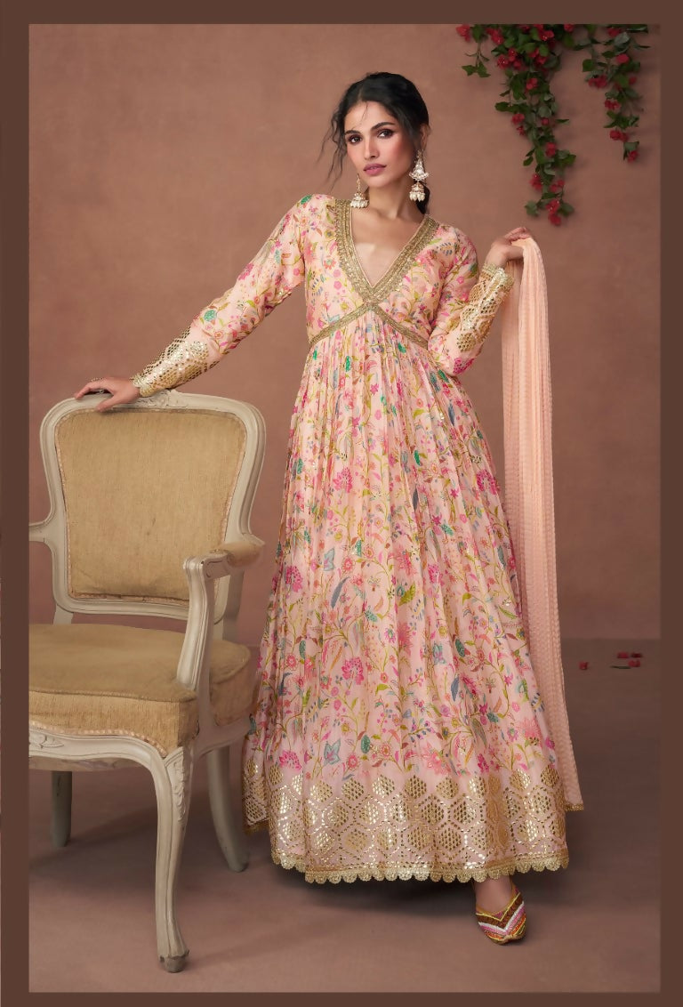 Vastranavya Peach Anarkali Suit Set In Organza Silk Floral Printed & Foil Mirror Work