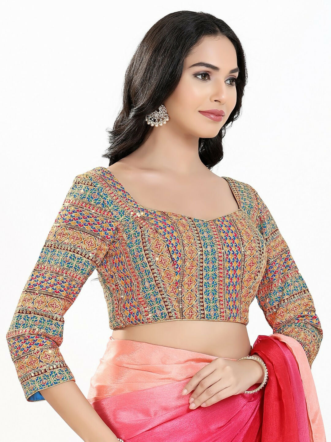 Joban Fashion Blue Multi Silk Padded Blouse With Sweetheart Neck 3/4 Sleeves