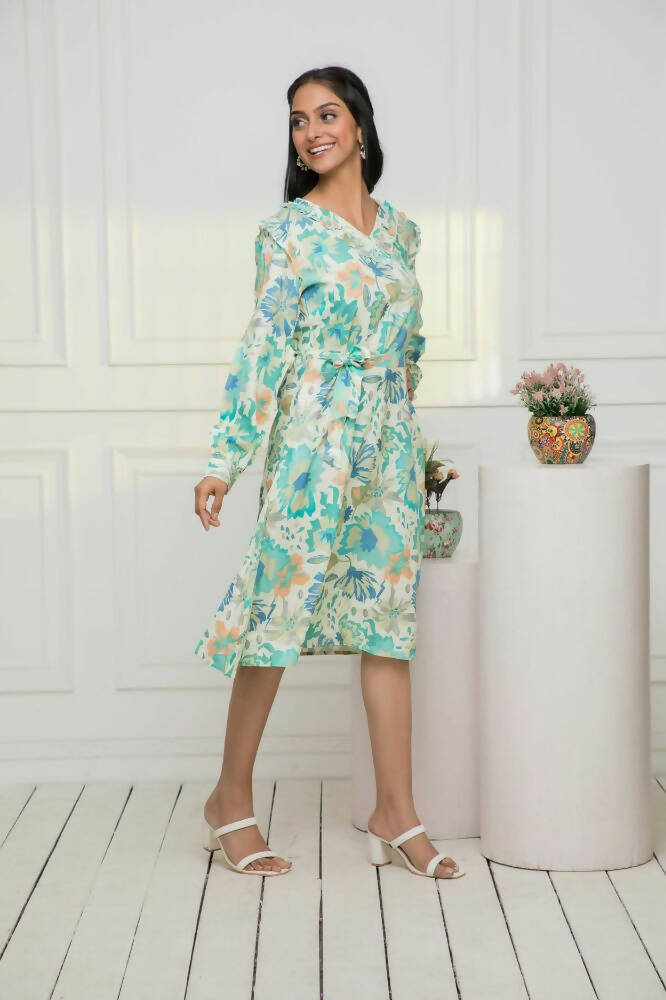 Myshka Women Multi Abstract Rayon A-Line V-Neck Dress