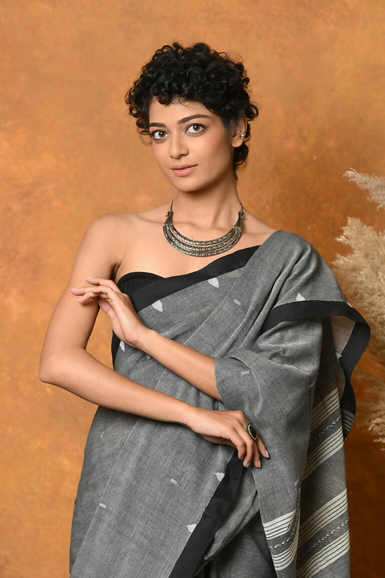 Very Much Indian Handloom Pure Cotton Saree With Sleek Border - Grey