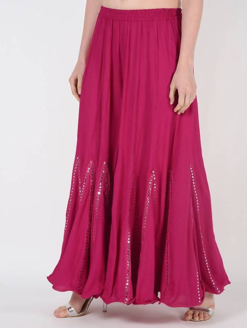 Mominos Fashion Magenta Viscose Rayon Flared Palazzo with Mirror Lace Work