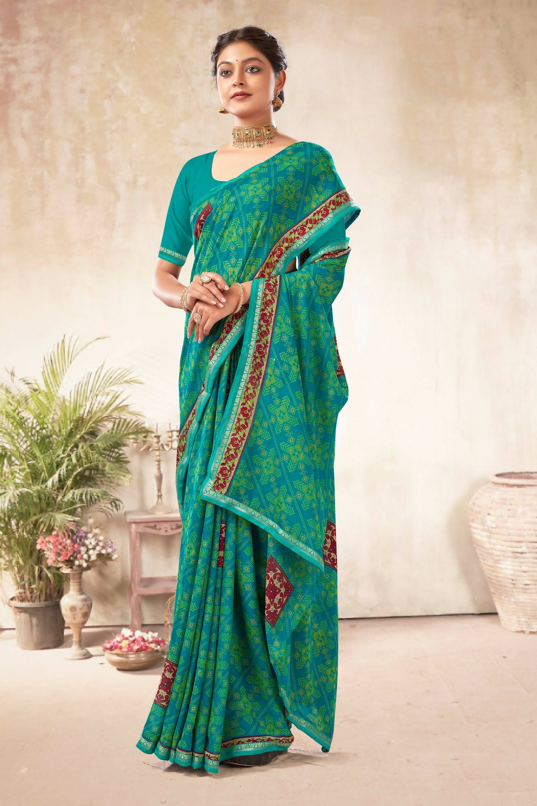 Sea Green Georgette Bandhni Printed Saree With Unstitched Blouse Piece - Shanaya