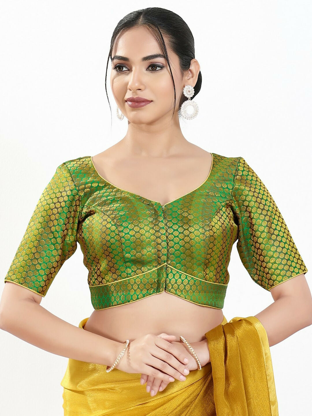Joban Fashion Green Brocade Padded Blouse With Sweetheart Neck Elbow Sleeves