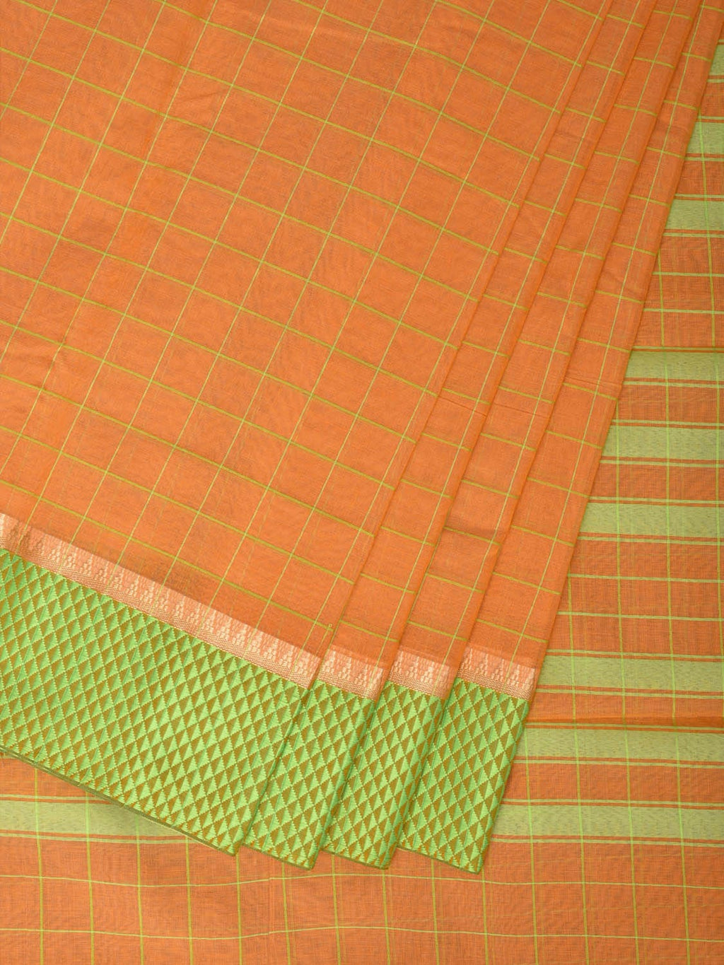 Orange and Light Green Bamboo Cotton Saree with Big Checks Design No Blouse - Global Threads