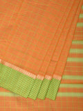 Orange and Light Green Bamboo Cotton Saree with Big Checks Design No Blouse - Global Threads