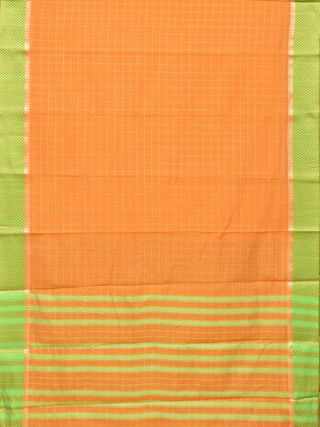 Orange and Light Green Bamboo Cotton Saree with Big Checks Design No Blouse - Global Threads