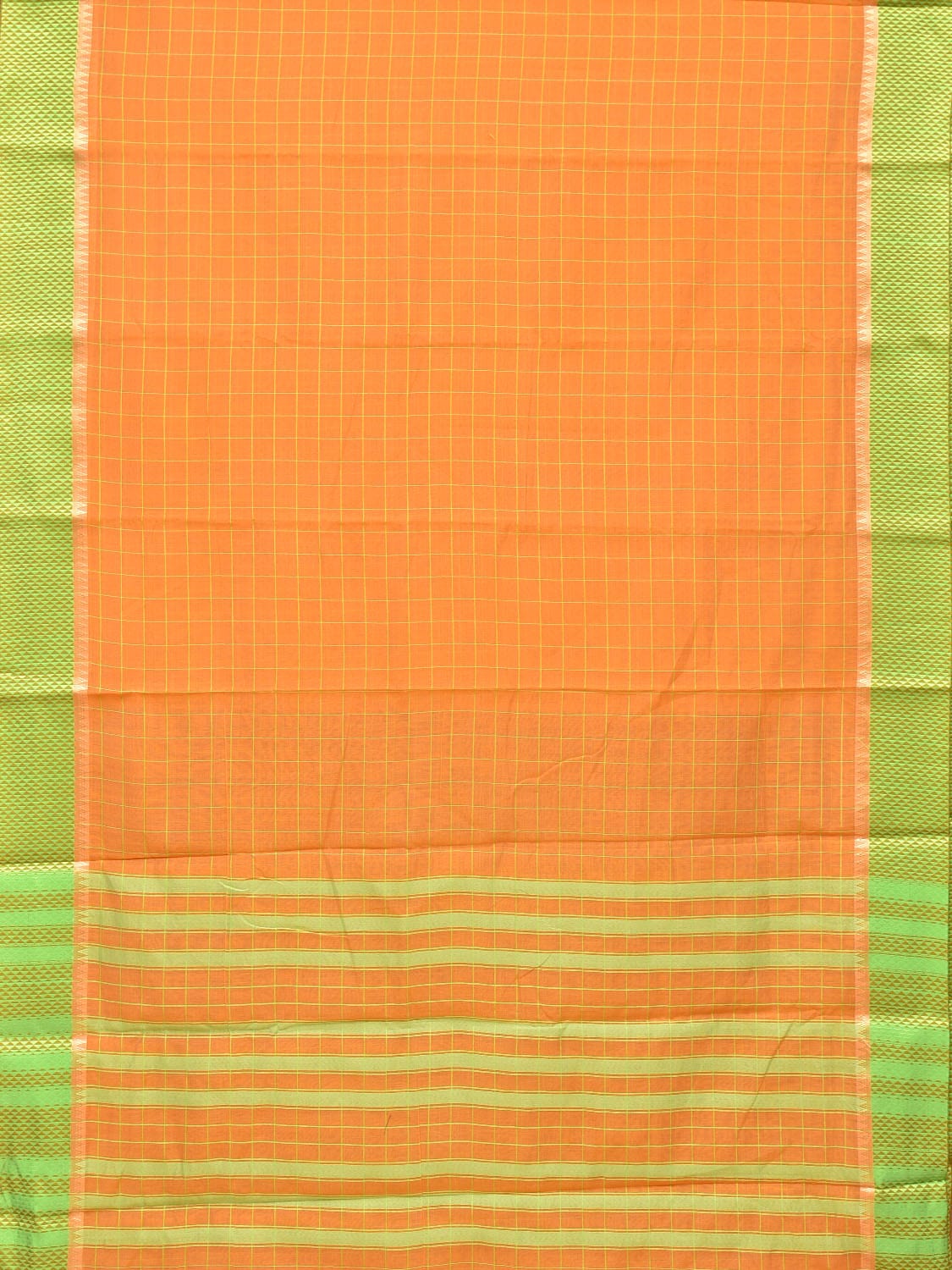Orange and Light Green Bamboo Cotton Saree with Big Checks Design No Blouse - Global Threads
