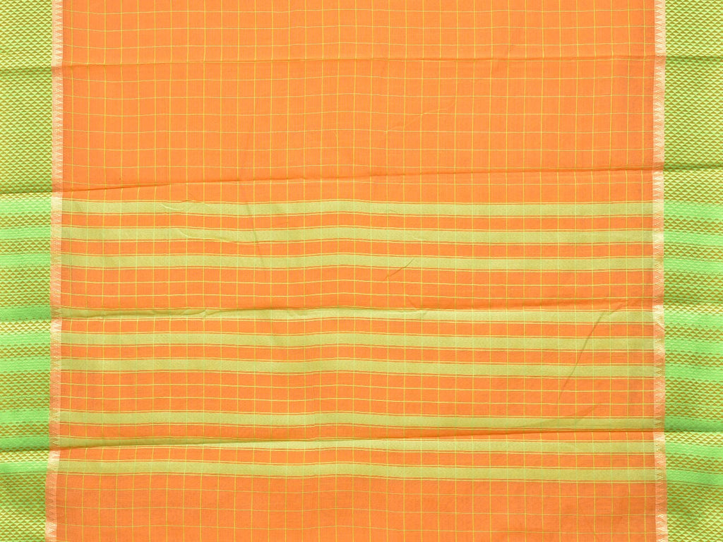 Orange and Light Green Bamboo Cotton Saree with Big Checks Design No Blouse - Global Threads