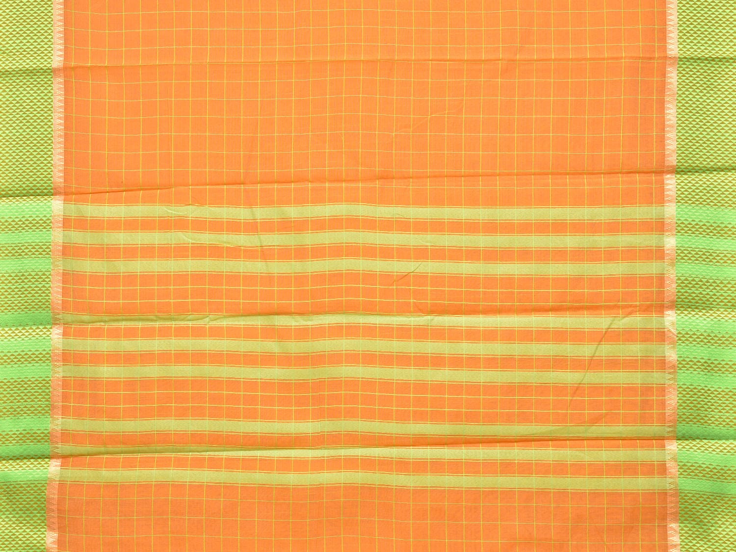 Orange and Light Green Bamboo Cotton Saree with Big Checks Design No Blouse - Global Threads