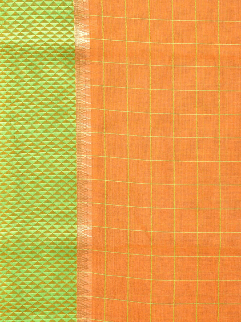 Orange and Light Green Bamboo Cotton Saree with Big Checks Design No Blouse - Global Threads