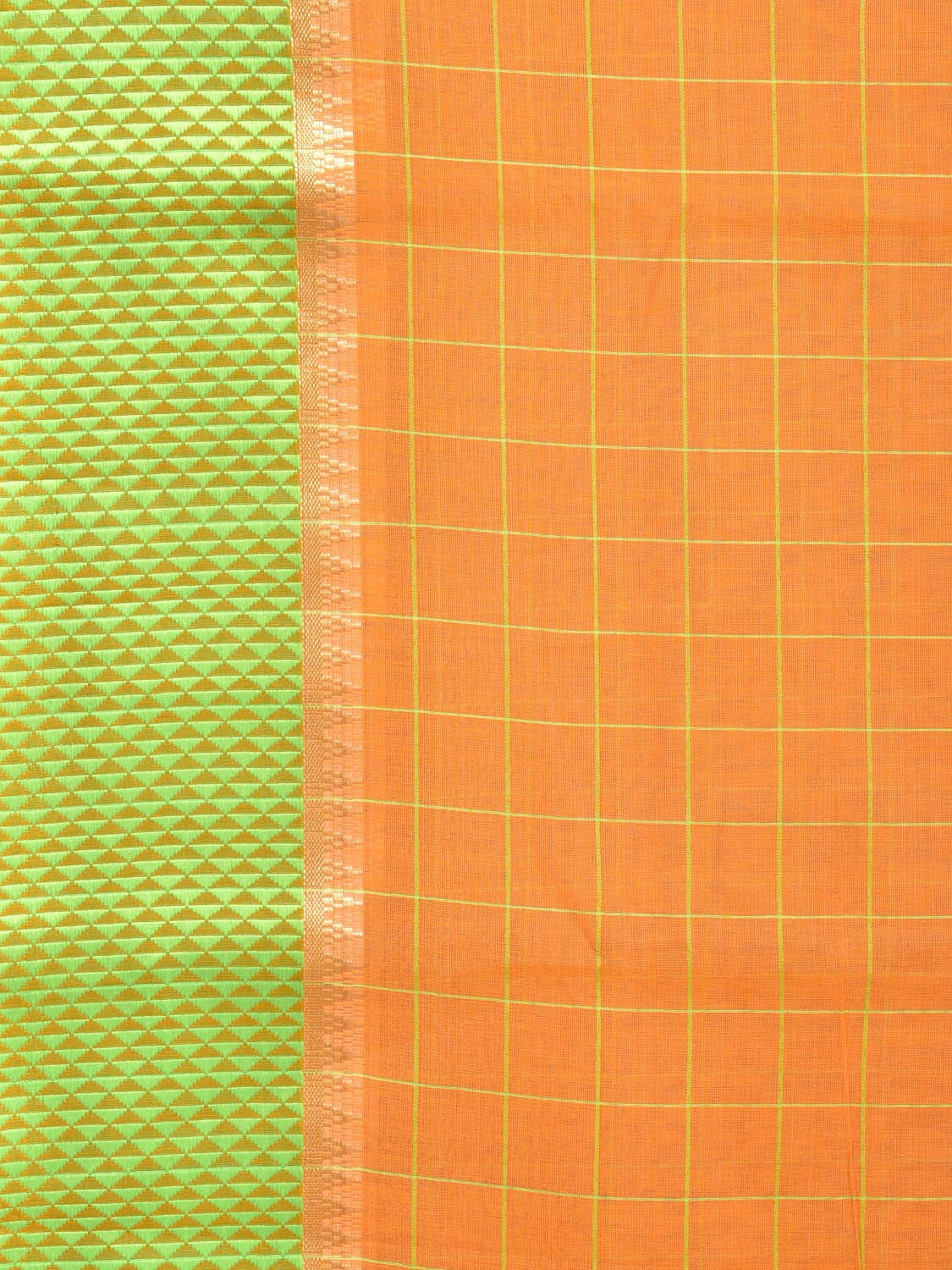 Orange and Light Green Bamboo Cotton Saree with Big Checks Design No Blouse - Global Threads