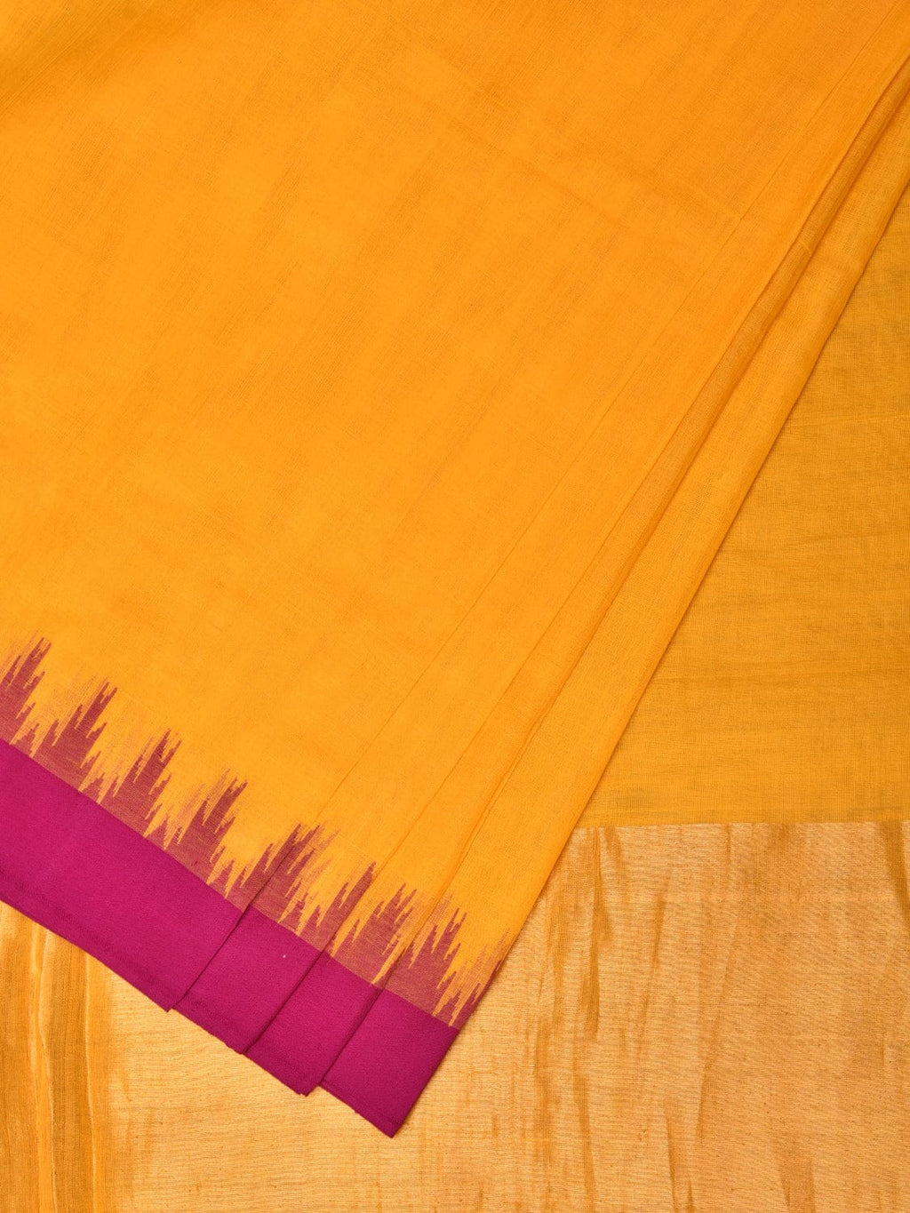 Orange Green Khadi Cotton Handloom Plain Saree with Temple Border Design - Global Threads