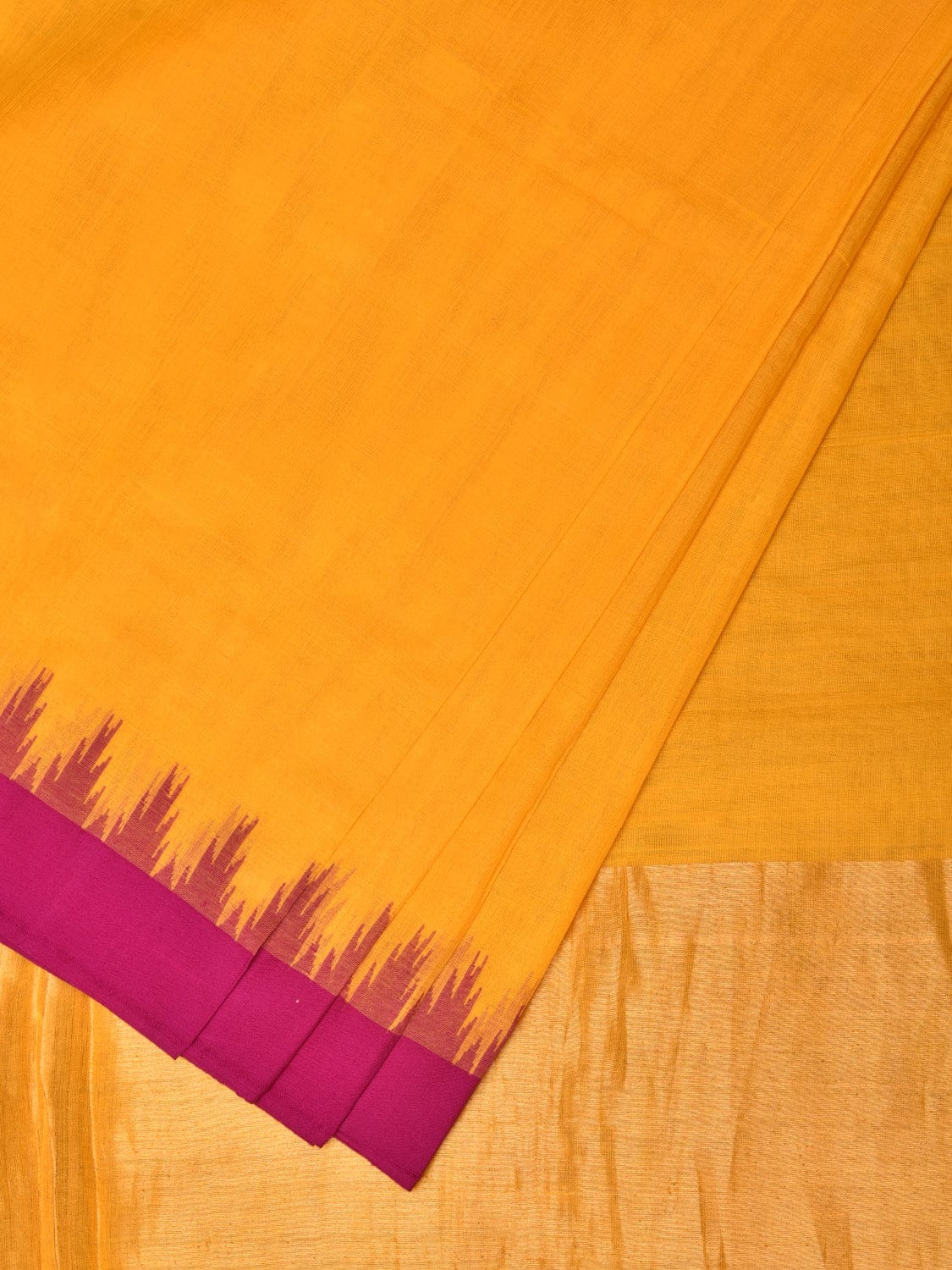 Orange Green Khadi Cotton Handloom Plain Saree with Temple Border Design - Global Threads
