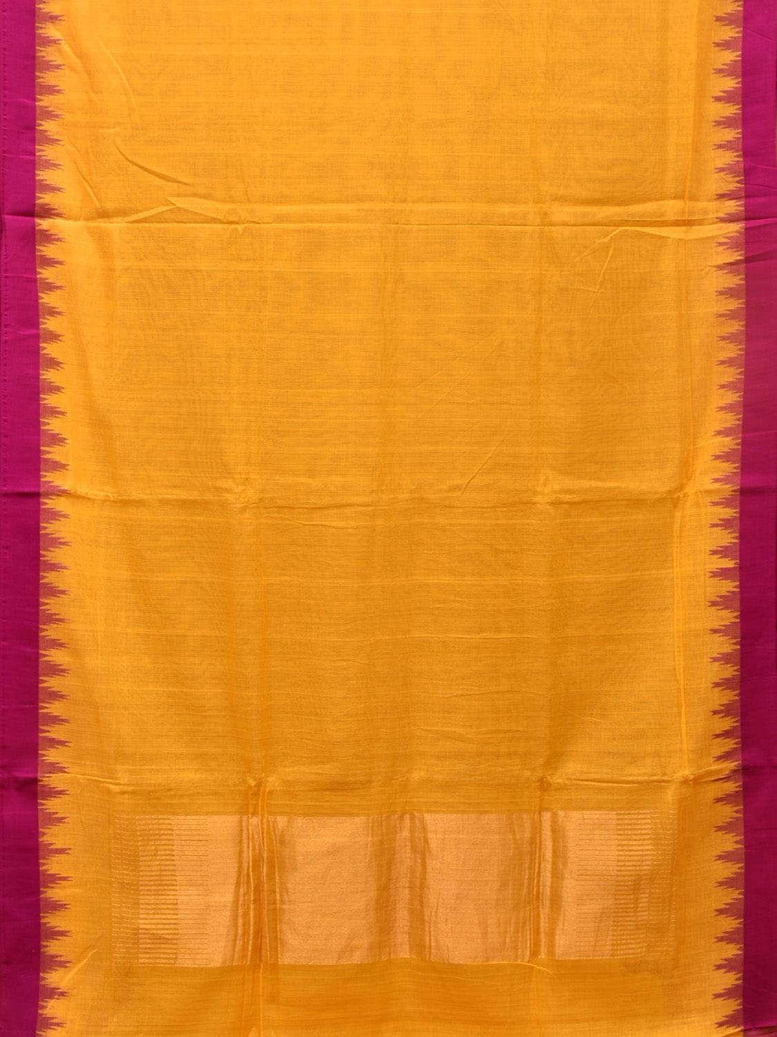 Orange Green Khadi Cotton Handloom Plain Saree with Temple Border Design - Global Threads