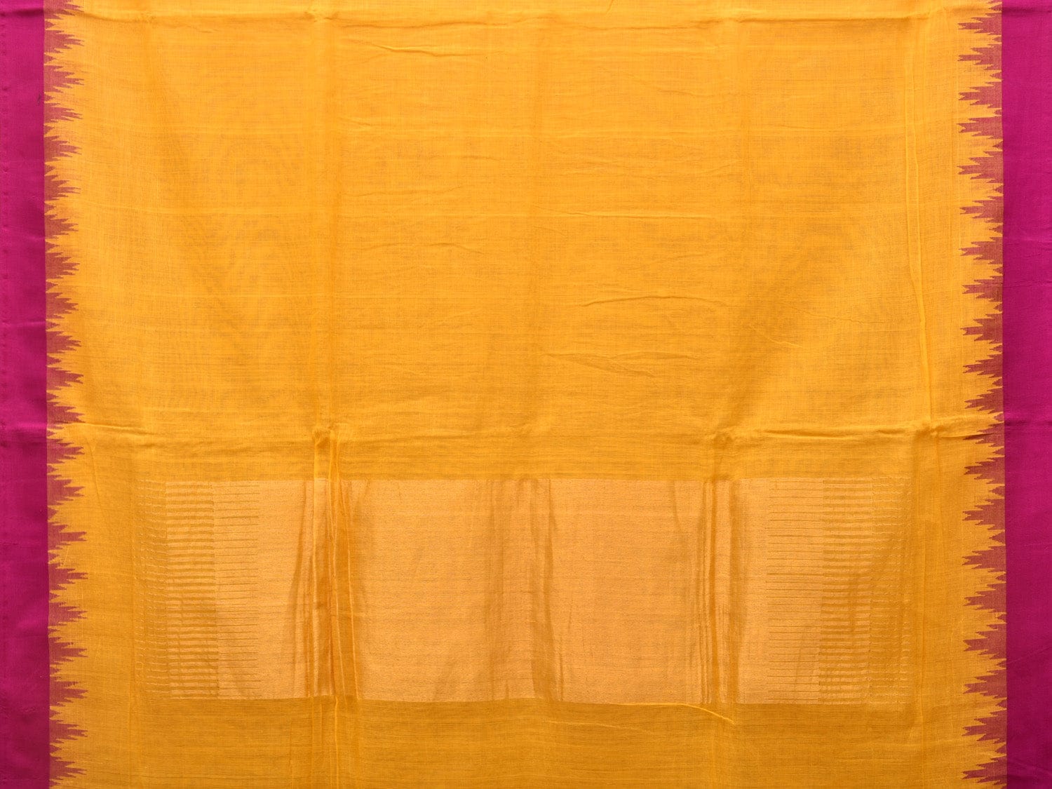Orange Green Khadi Cotton Handloom Plain Saree with Temple Border Design - Global Threads